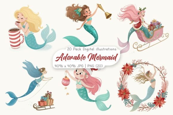 Adorable Mermaid Christmas Clipart for Handmade Illustrations