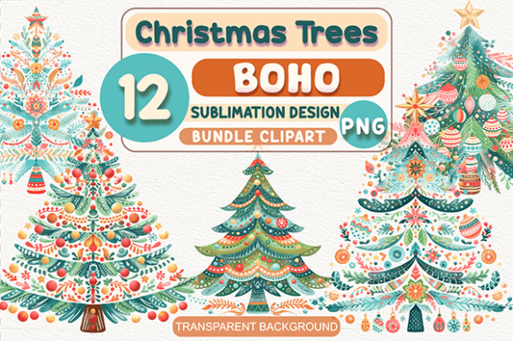 Boho Christmas Tree Clipart PNG Bundle: A Festive Illustration Must-Have