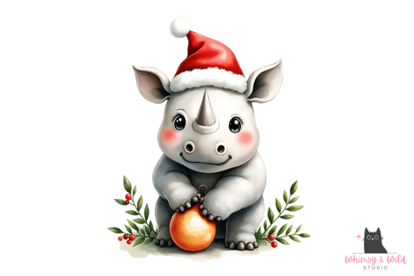 Christmas Rhino Holding Ornament PNG