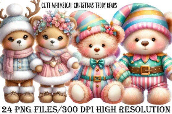 Cute Whimsical Christmas Teddy Bears PNG