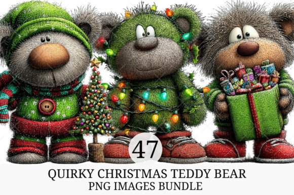 Quirky Christmas Teddy Bear Clipart for Illustrations