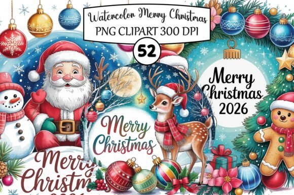 Watercolor Merry Christmas PNG Bundle for Illustrations